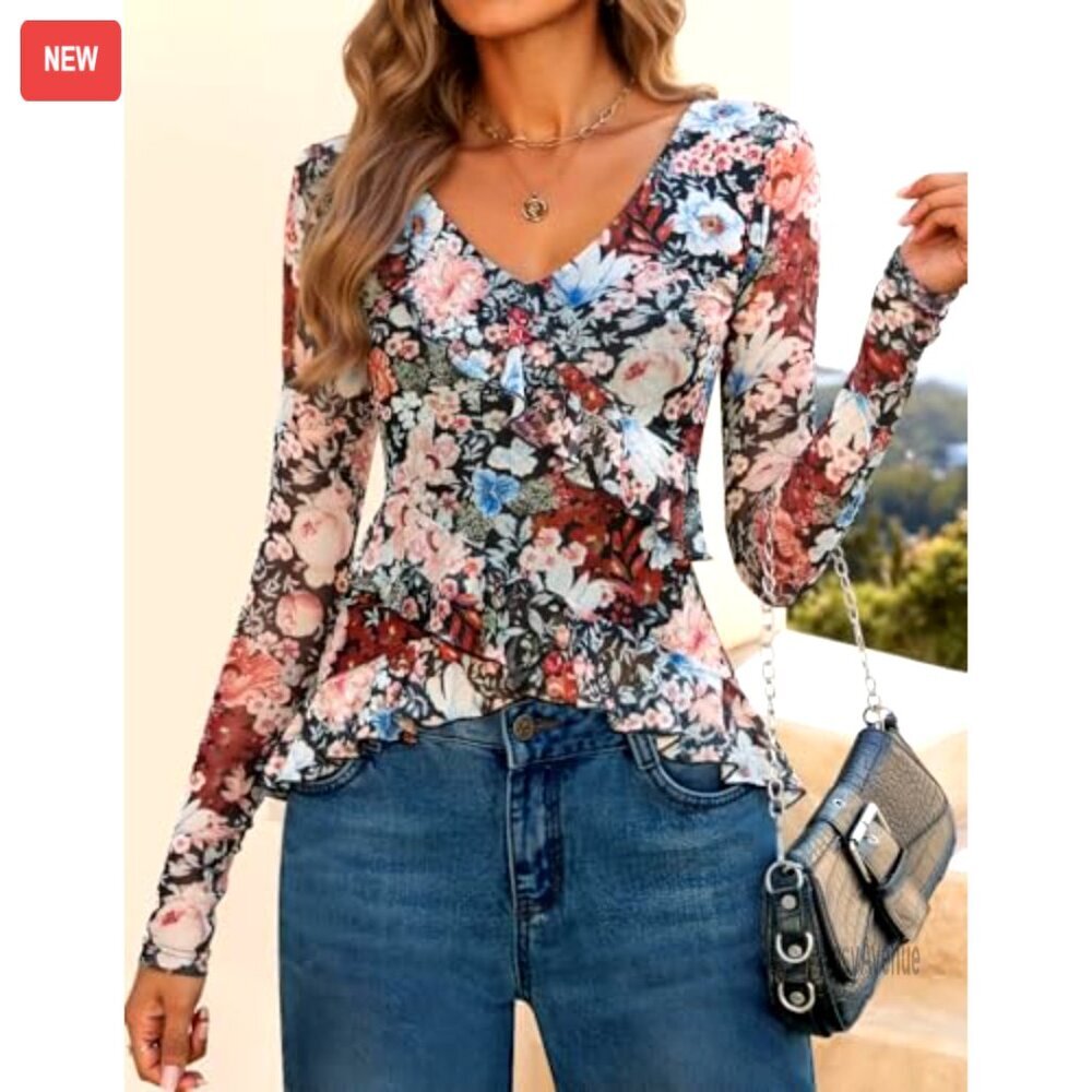 Long Sleeve Floral Ruffle V-Neck Blouse, Slim Fit, Fall Fashion Top - Picture 4 of 7
